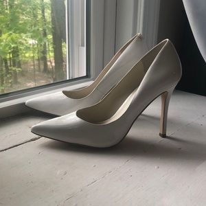 BCBG white patent heels